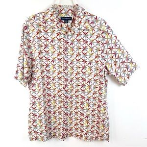 JHANE BARNES Mens 100% Silk Short Sleeve Button Shirt Geometric Cabana Retro